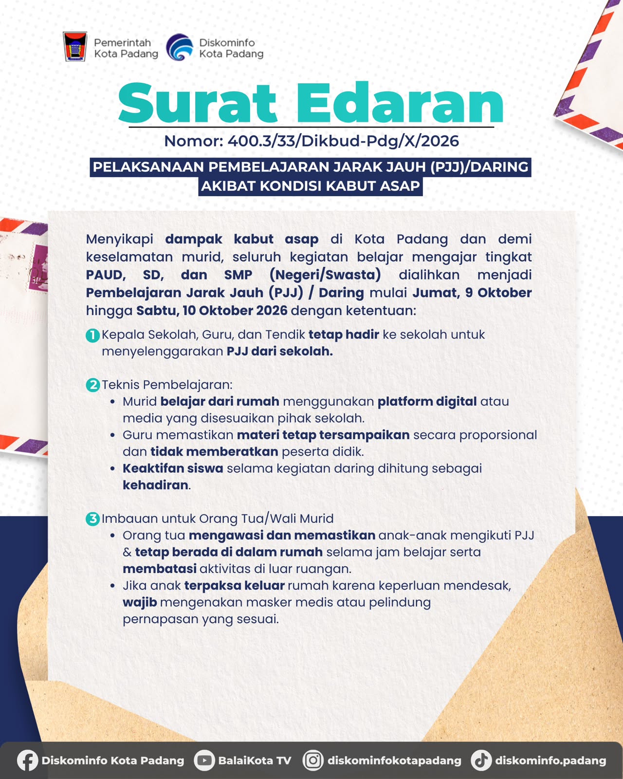 melalui-surat-edaran,-yopi-krislova-berlakukan-pjj-paud,-sd,-smp-se-kota-padang-imbas-kabut-asap