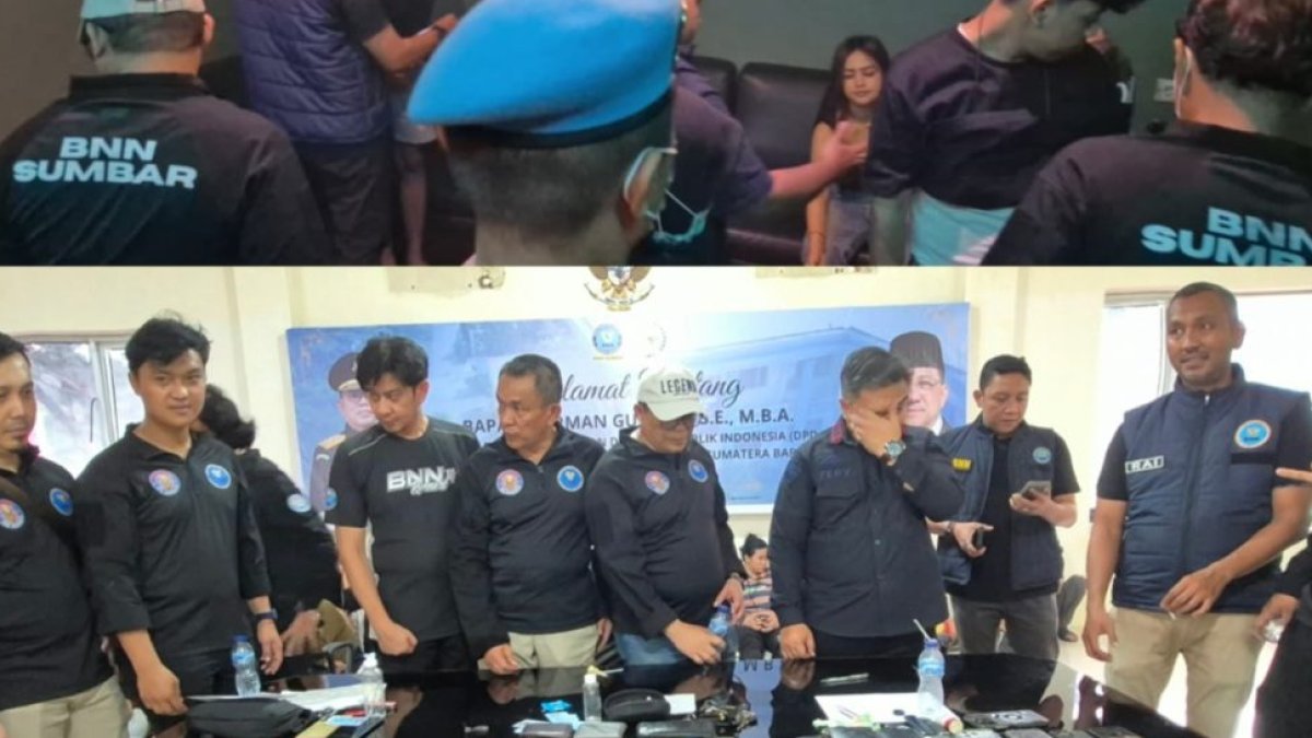 Petugas BNNP Sumbar bersama TNI dan Polri mengamankan sejumlah orang saat razia narkoba di sebuah hotel di Kota Padang.