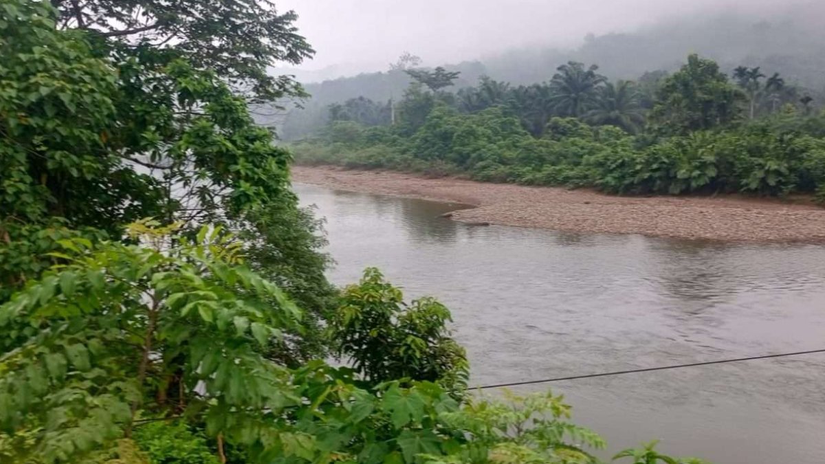 Sedimentasi parah di Sungai Batang Lengayang bawah Jembatan Gantung Kampung Akad yang memicu ancaman banjir.